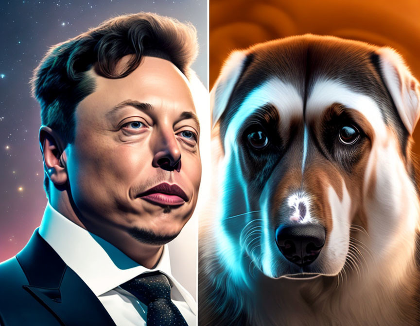 Split Image: Man in Suit & Dog's Face Against Cosmic Background