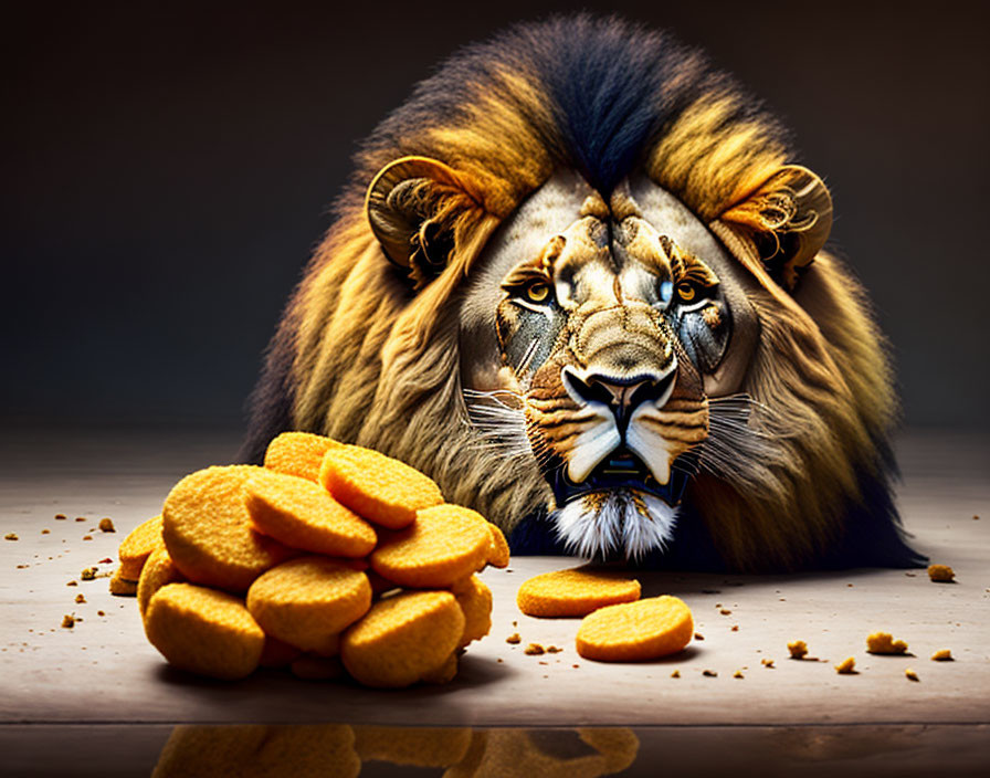 Majestic lion with orange cookies on wooden surface