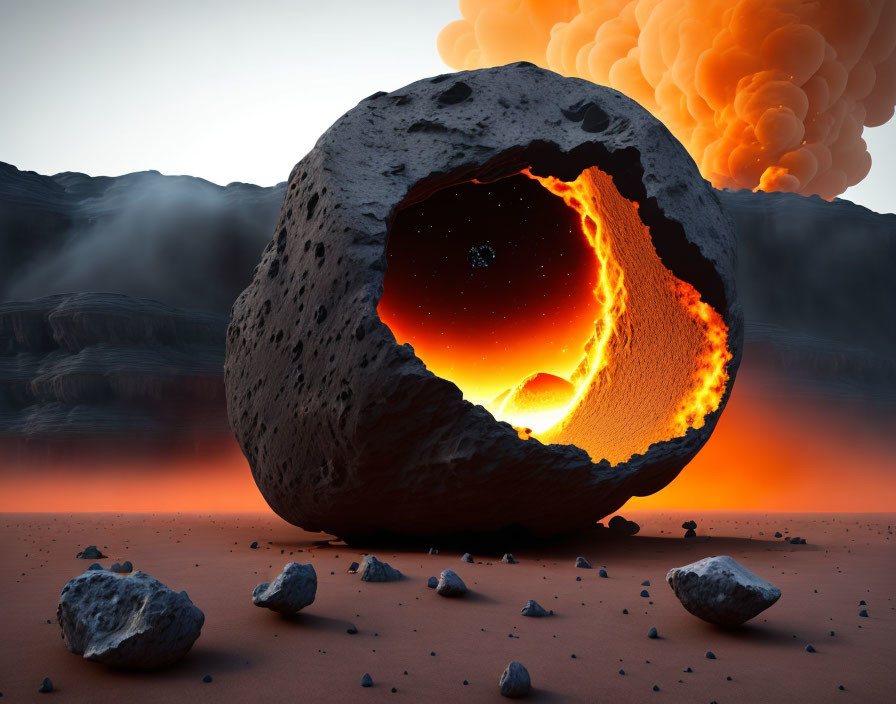 Molten meteorite on barren landscape with smoke and orange sky