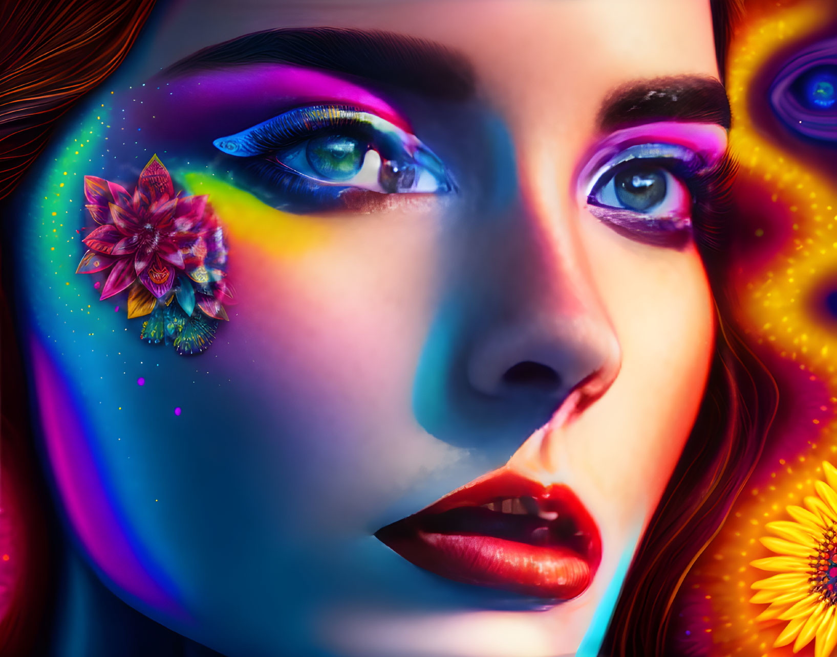 Colorful Digital Art: Woman with Cosmic and Floral Motifs on Face