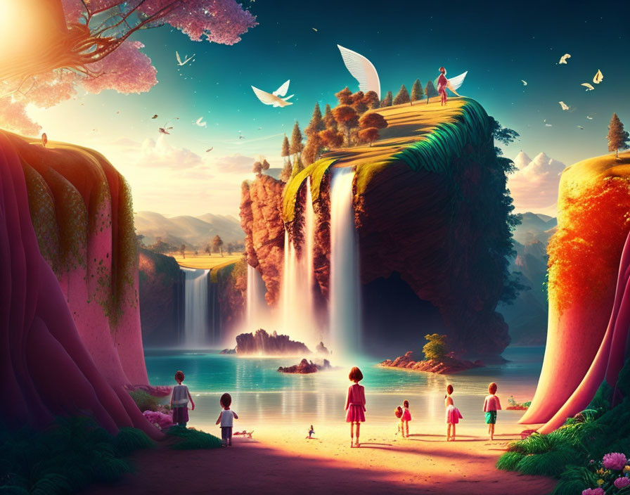 Colorful fantasy landscape with waterfalls, cliffs, children, lake, sky, flora, and birds