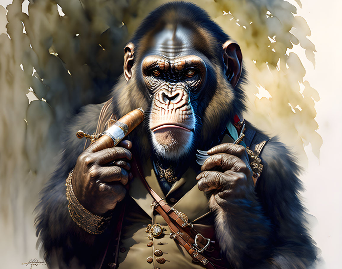 Chimpanzee in Suit with Gold Jewelry and Cigar, Thoughtful Expression