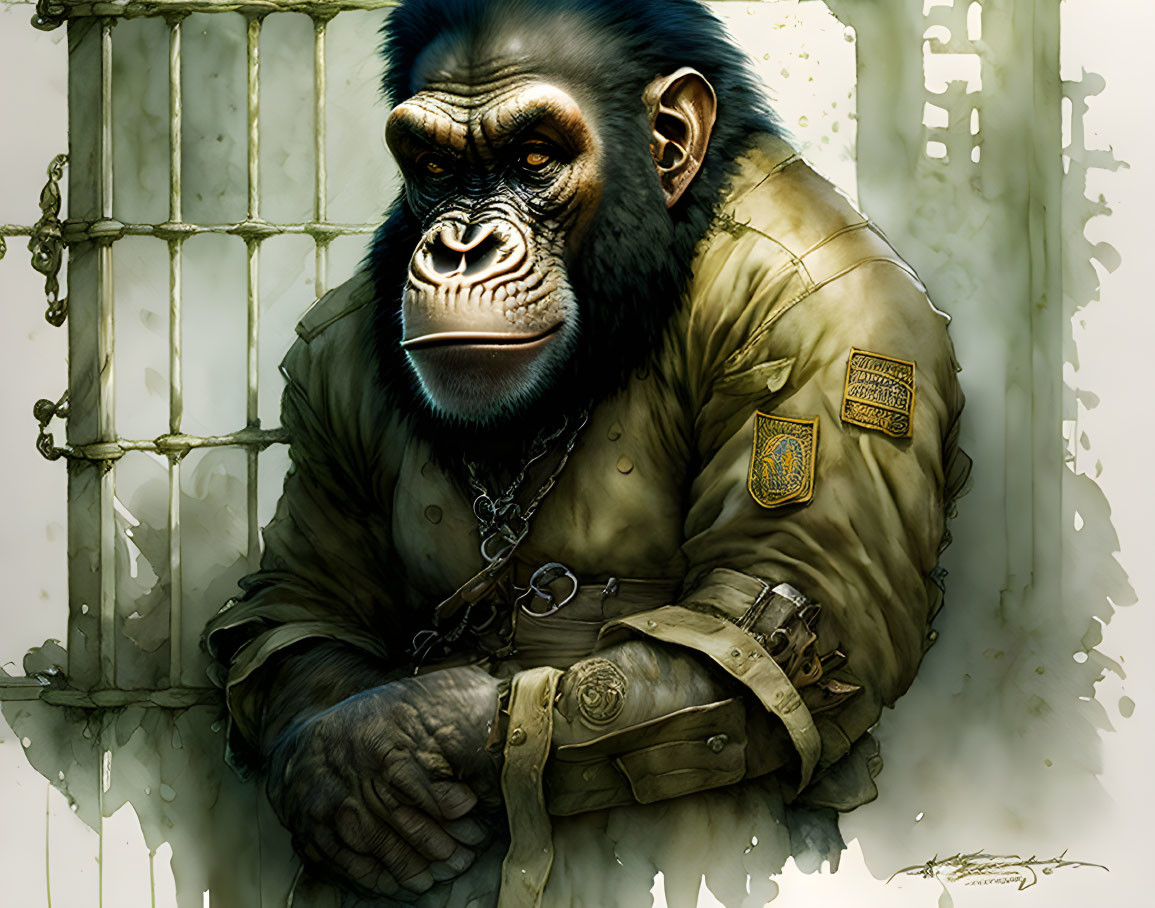 Anthropomorphic chimpanzee in military jacket, shackled, pensive expression