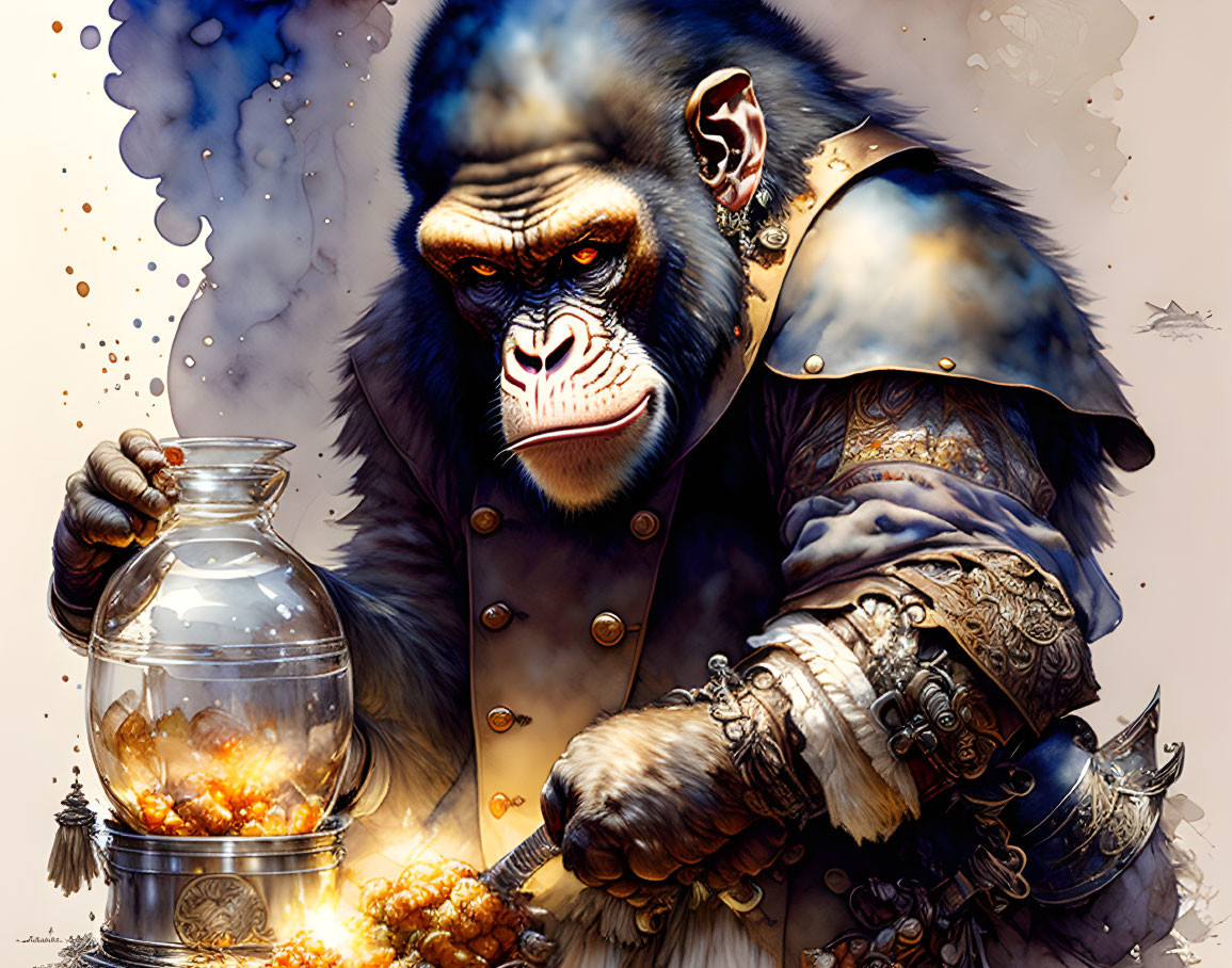 Anthropomorphic gorilla in historical military attire with jar of amber liquid and coins