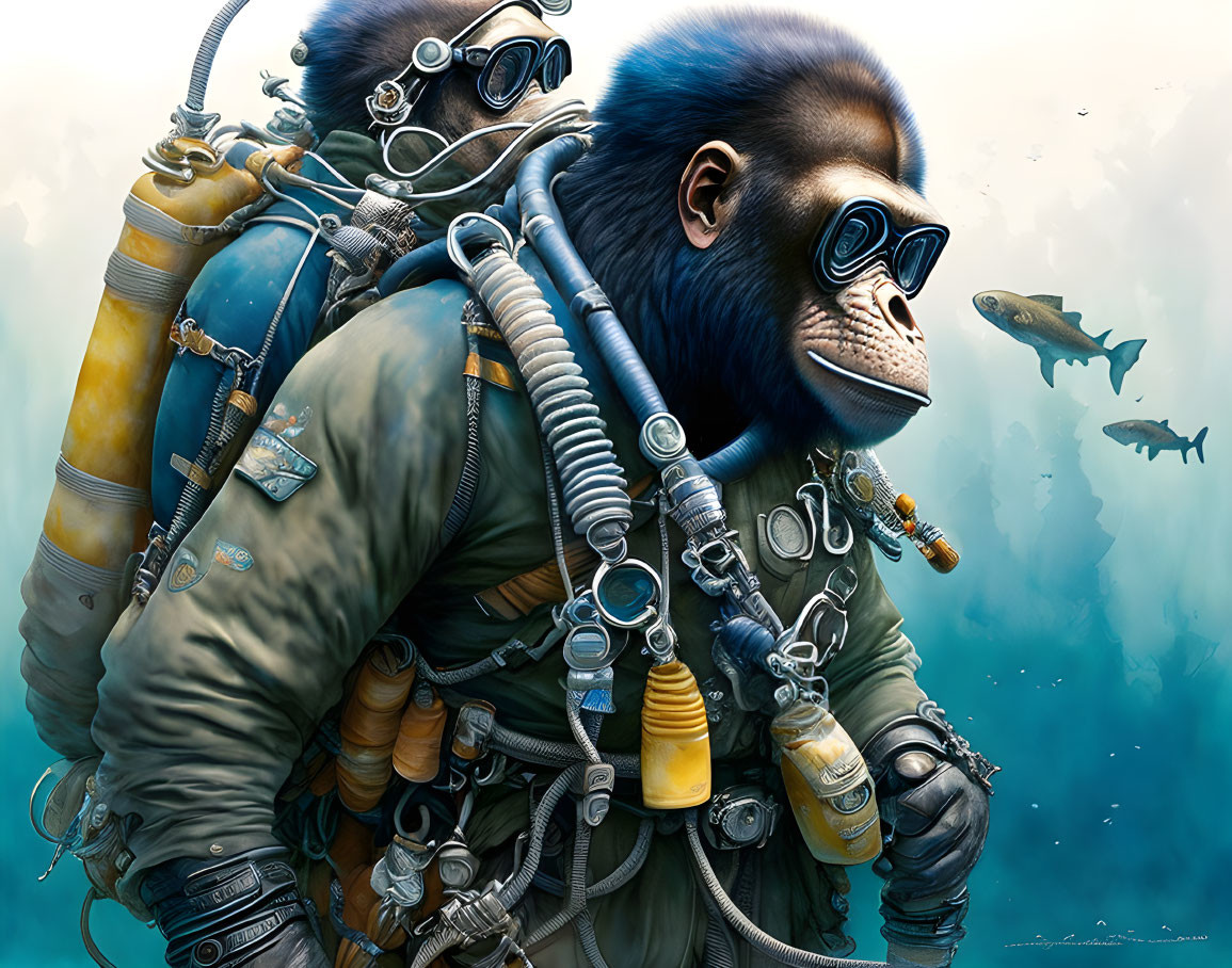 Anthropomorphic gorilla scuba diver in vintage diving suit surrounded by marine life