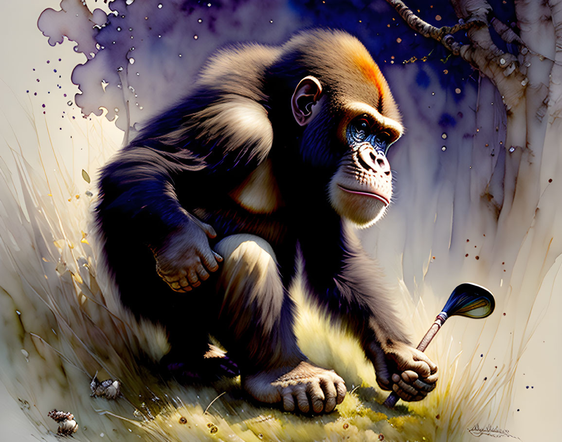 Anthropomorphized gorilla with golf club and ball in colorful setting