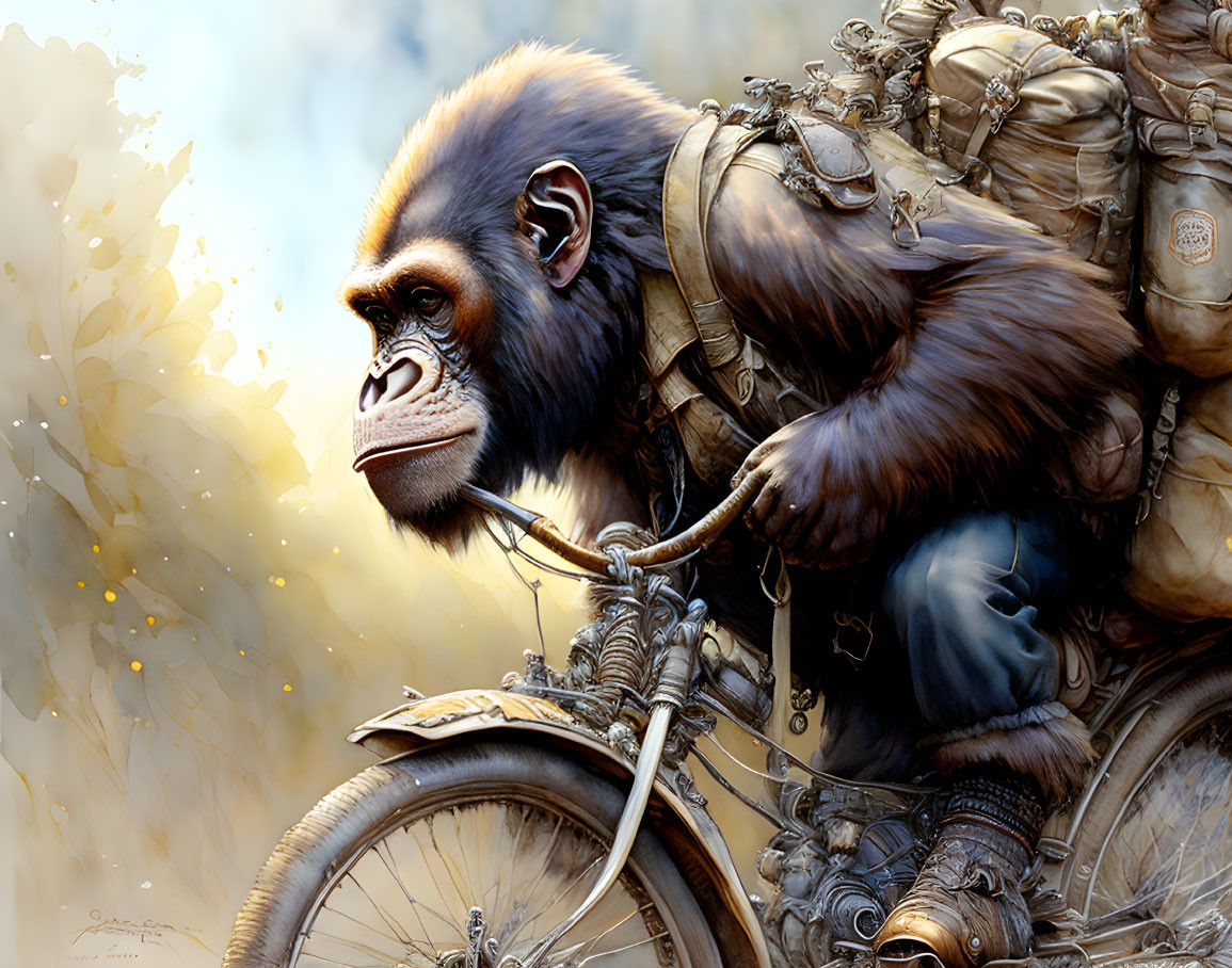 Realistic anthropomorphic ape on bicycle with bags and gear in golden setting