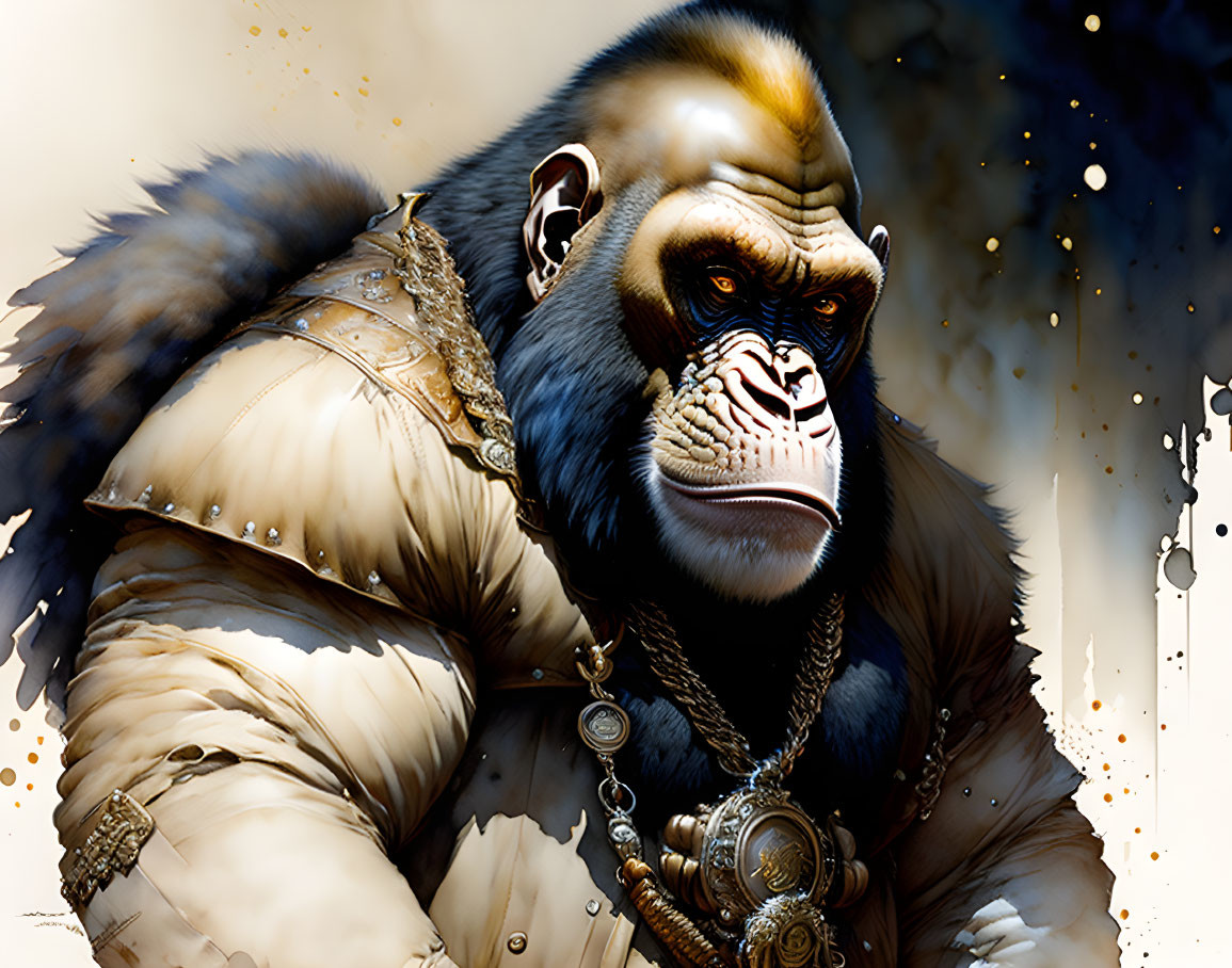 Regal gorilla illustration in ornate attire and medallion