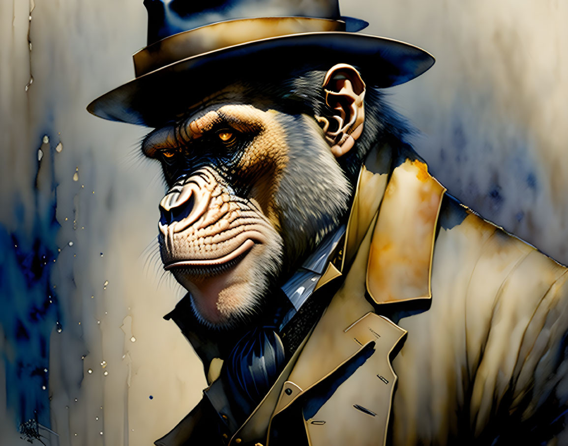 Anthropomorphic ape in detective outfit with serious expression