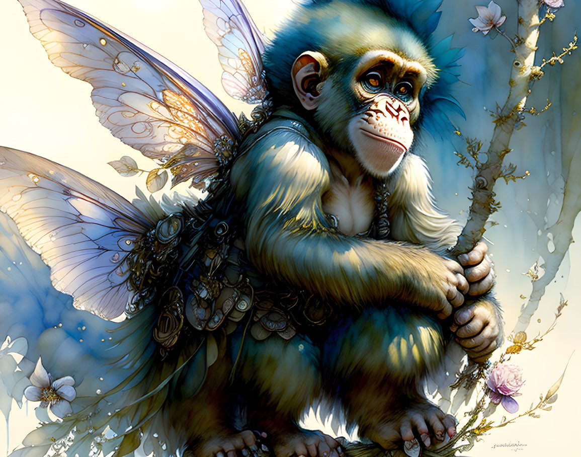 Colorful fantasy illustration: Monkey with butterfly wings on flowering branch