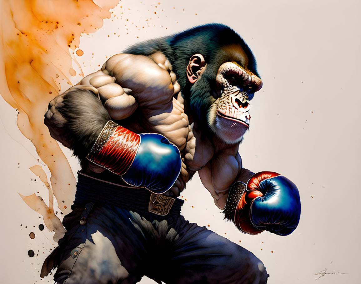 Muscular gorilla in boxing attire with fierce expression and artistic splash background