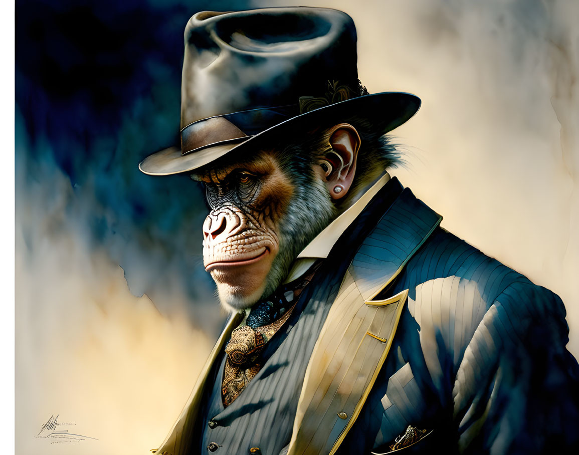 Illustration of a baboon in Victorian attire on smoky backdrop