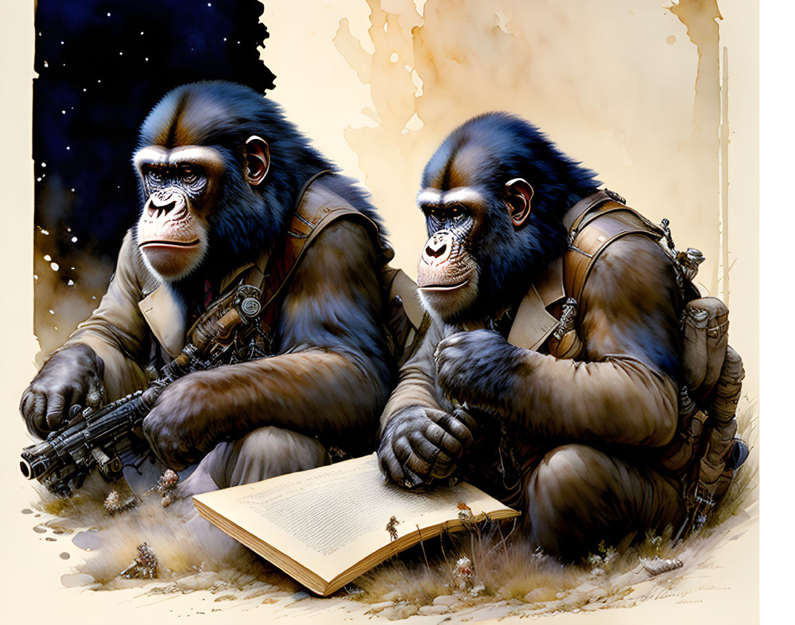 Anthropomorphic apes in military gear with gun and book on abstract background