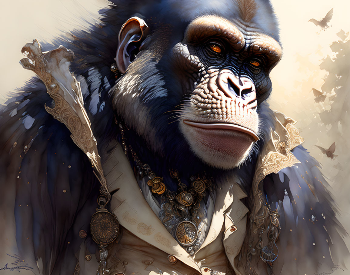 Regal chimpanzee in luxurious, ornate attire with contemplative expression