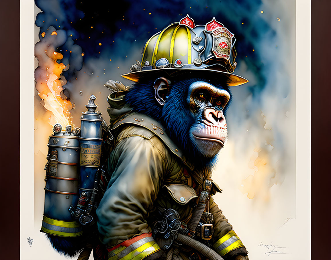 Illustrated gorilla in firefighter costume with vintage extinguisher on cosmic background