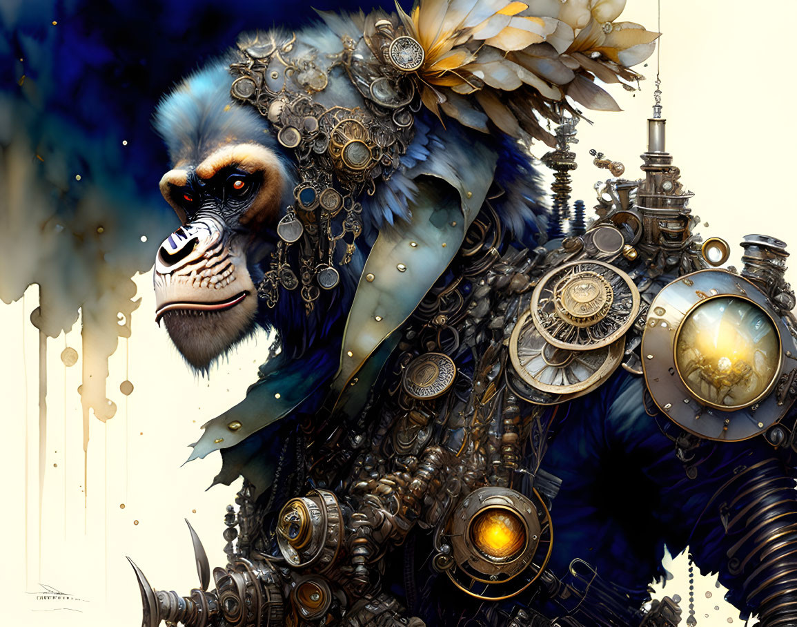 Steampunk-inspired mandrill with mechanical elements and ornate gear-infused attire on cream background