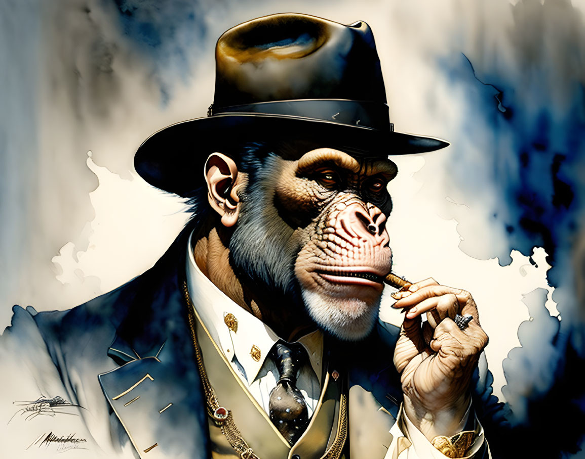 Anthropomorphic chimpanzee in suit and fedora with cigar in stylized background