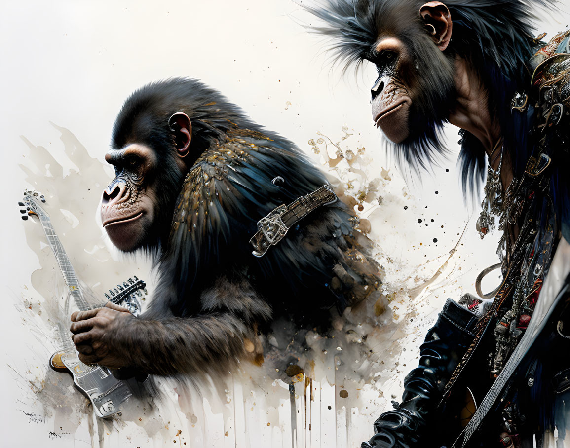 Stylized chimpanzees playing electric guitar with rock attitude on splattered paint background