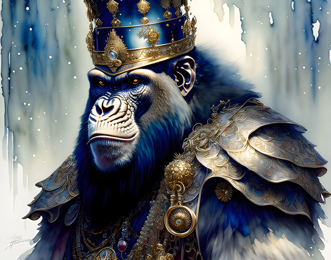 Majestic gorilla in regal armor and crown symbolizing nobility