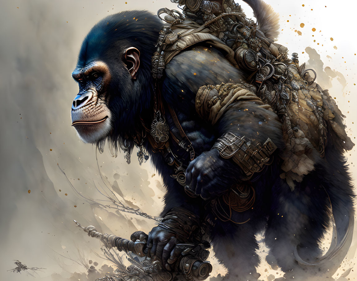 Detailed illustration: Armored gorilla with chains and tribal ornaments