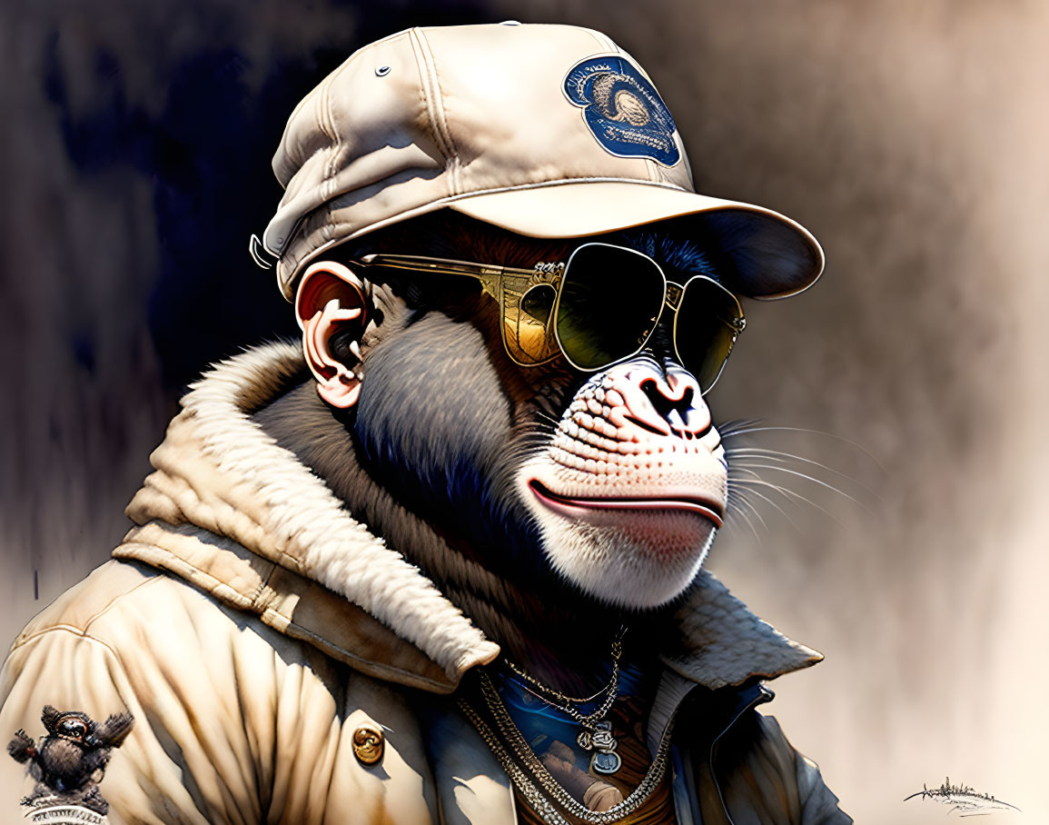 Stylish monkey in white jacket, cap, and sunglasses on dark background