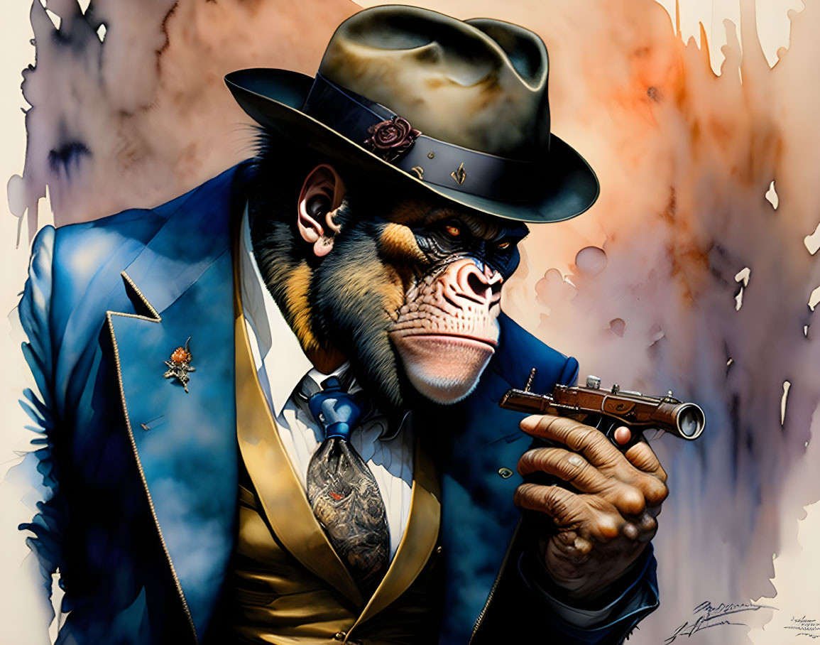 Chimpanzee in Suit Holding Gun with Abstract Background