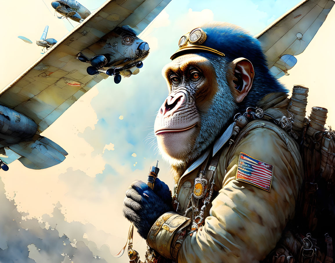 Chimpanzee pilot in flight suit with American flag patch and vintage planes in background