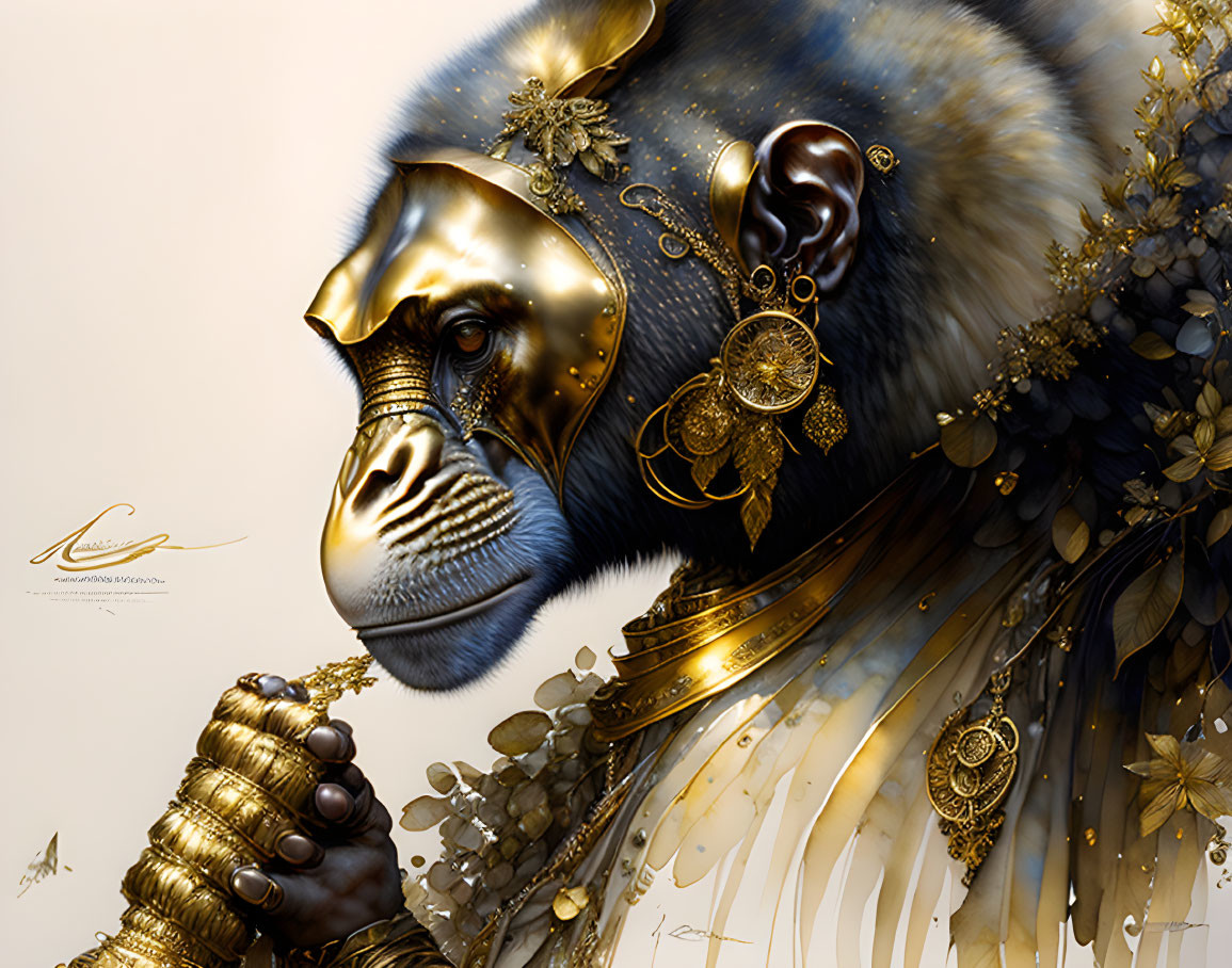 Golden-armored gorilla in intricate design on beige background