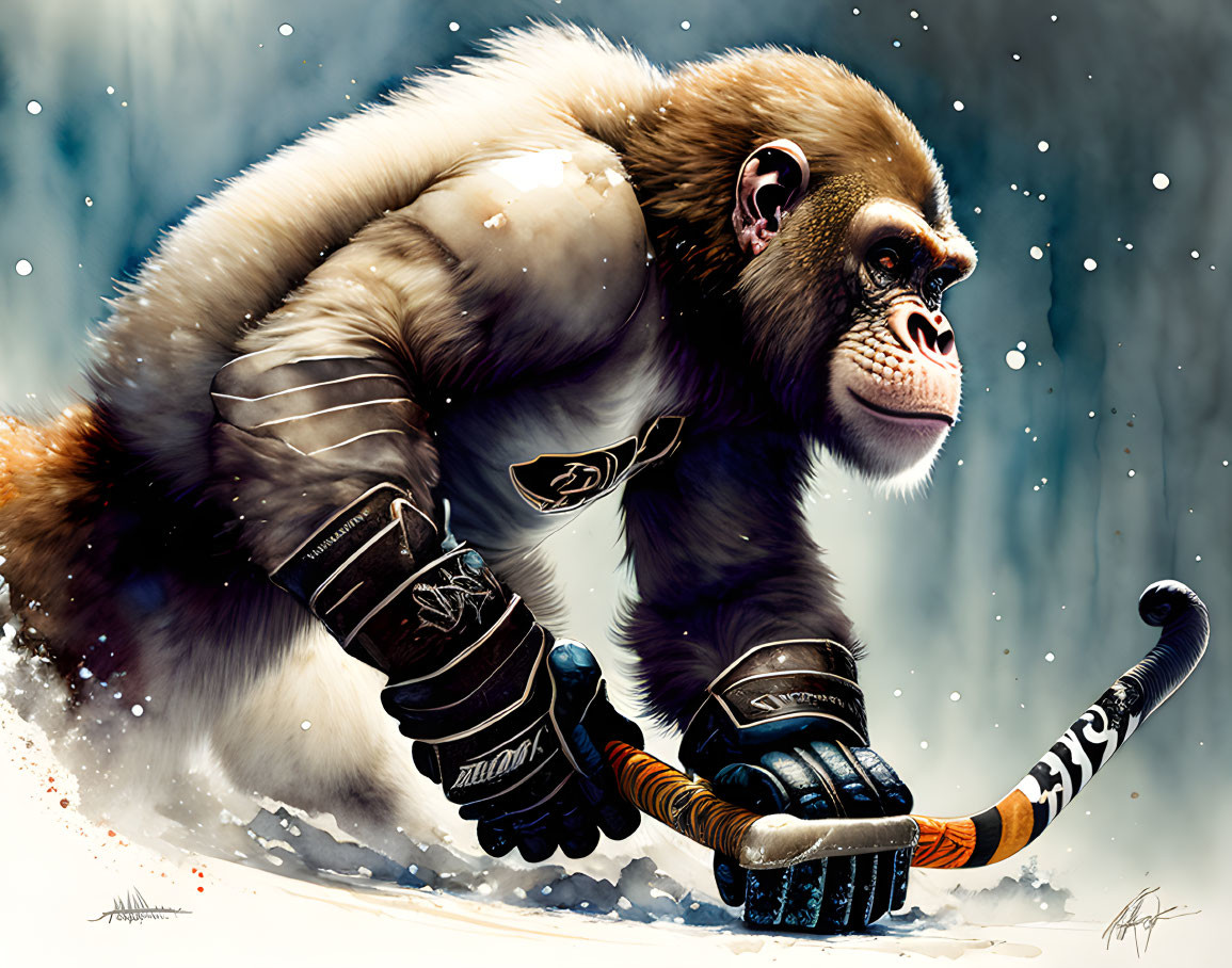 Anthropomorphic gorilla playing ice hockey in snowy setting