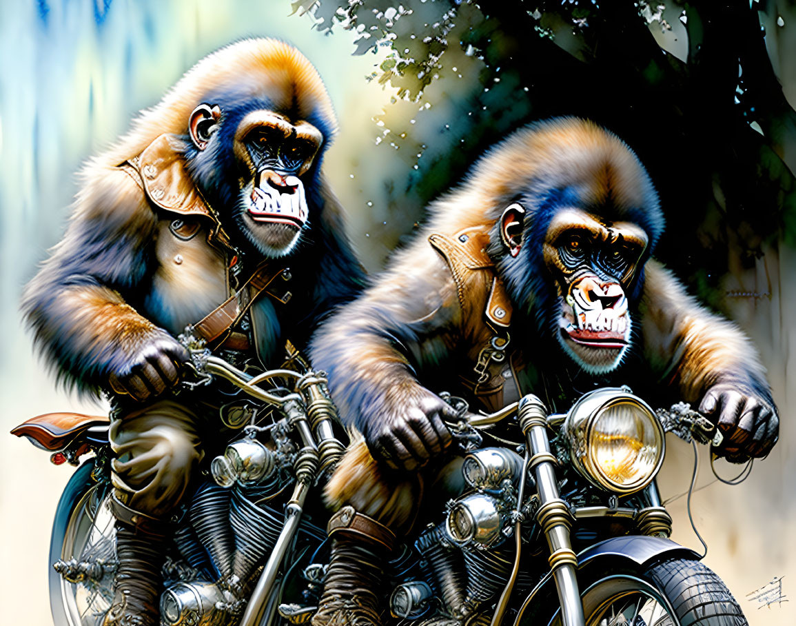 Anthropomorphized monkeys in biker attire on motorcycle in forest.