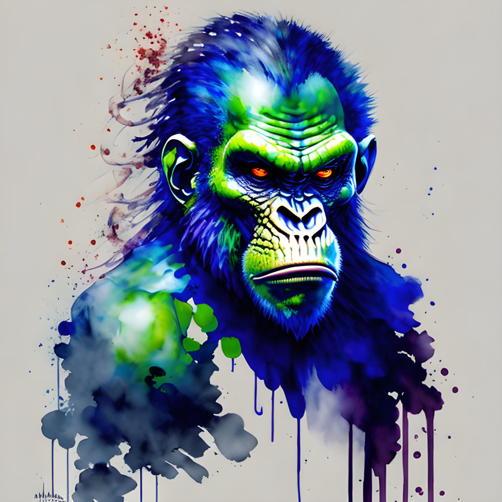 Colorful Gorilla Illustration with Paint Splatter Background