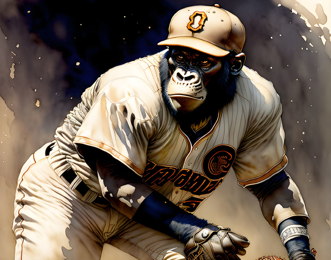 Anthropomorphic Gorilla in Baseball Uniform with Focused Expression