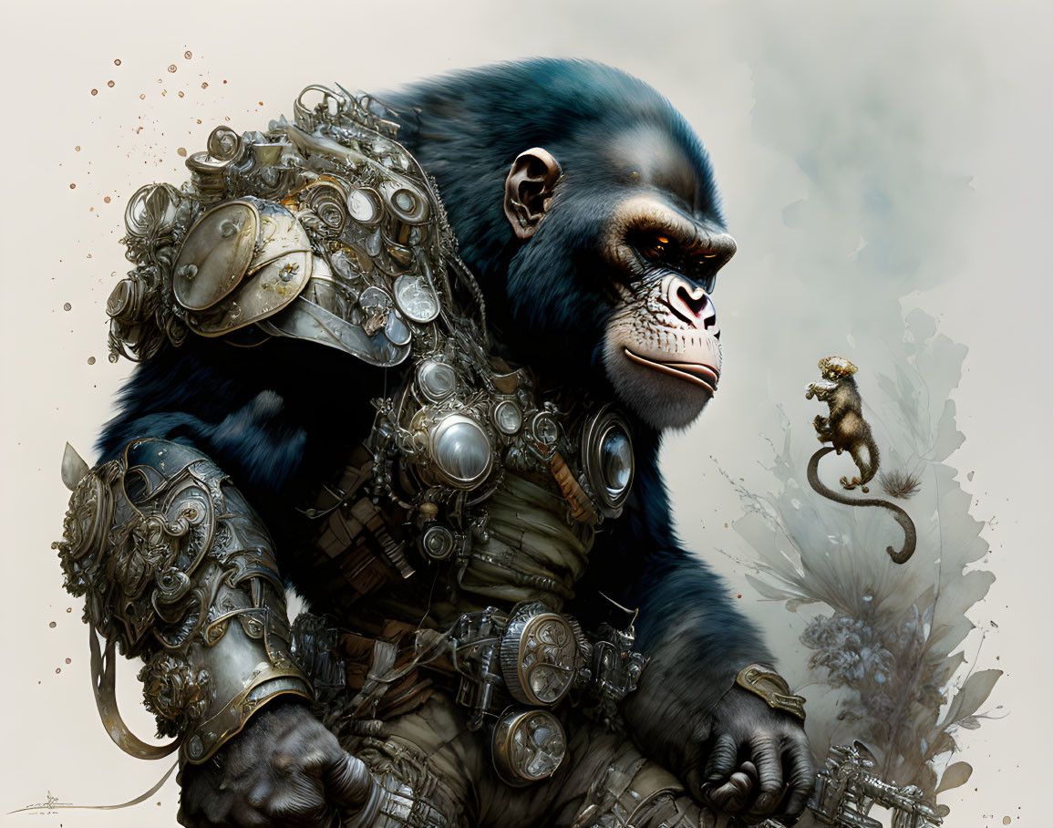 Illustrated armored gorilla with stern expression and small monkey on muted background