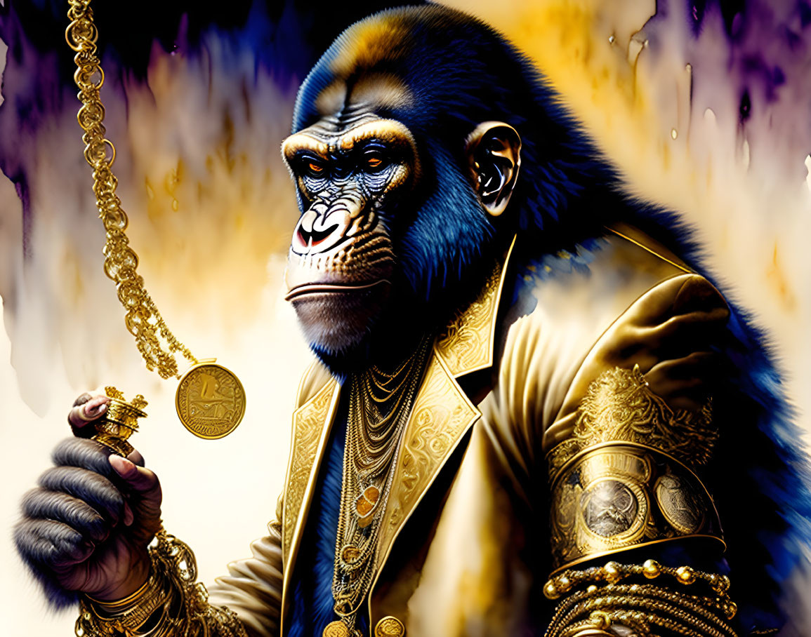 Stylized gorilla in golden jacket with medallion on fiery backdrop