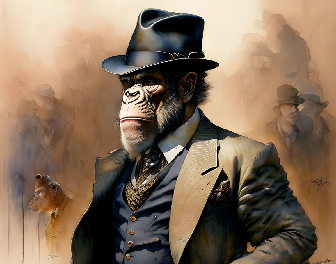 Victorian-era gentleman attire on a chimpanzee illustration