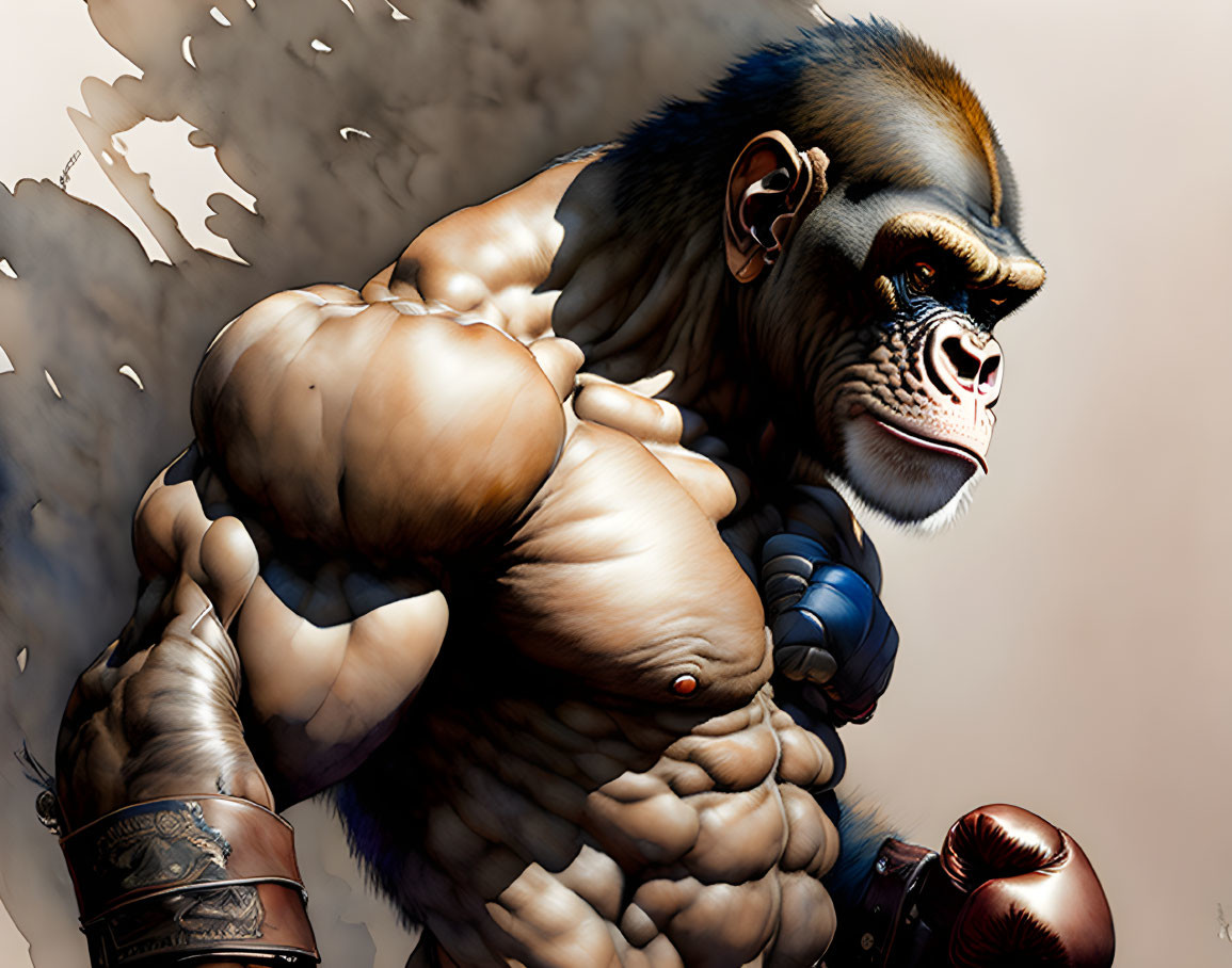 Muscular anthropomorphic gorilla in boxing gloves ready for combat