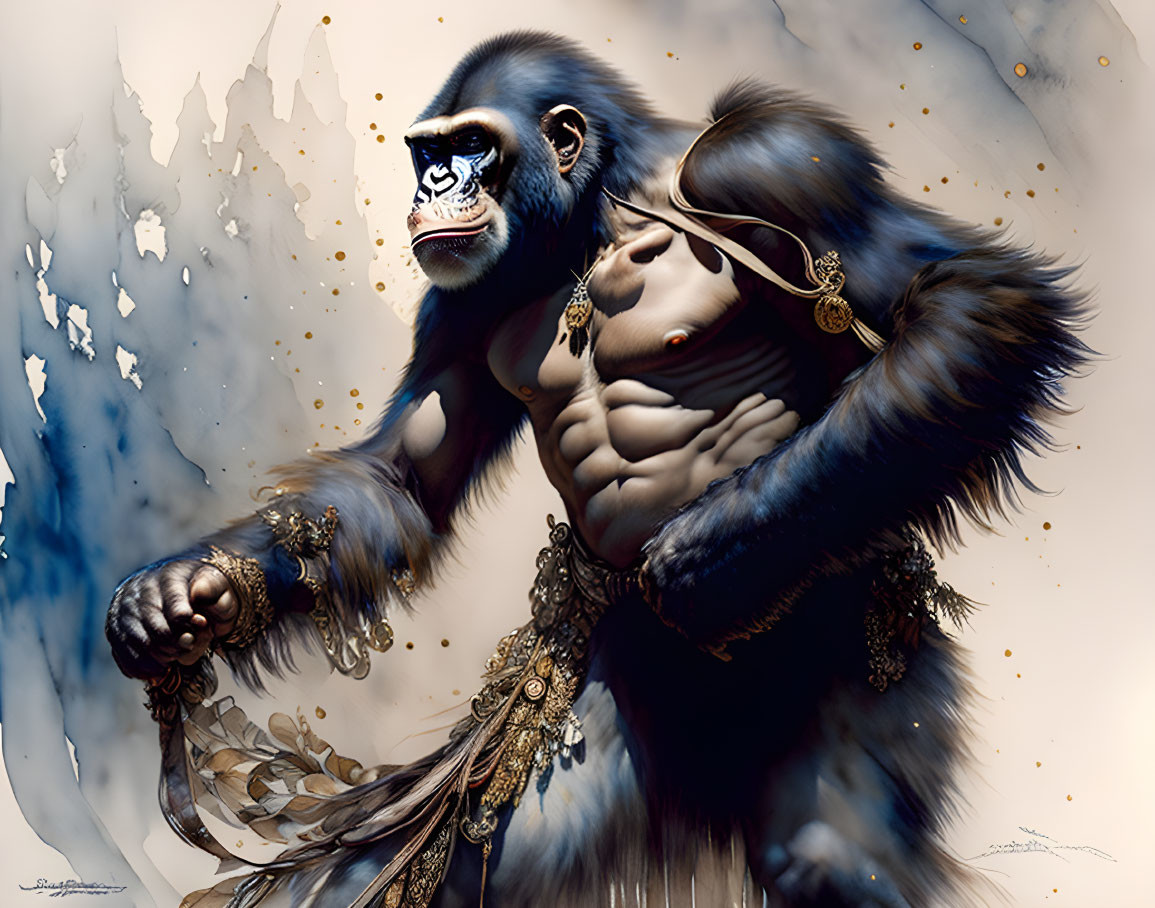 Regal gorilla with golden jewelry and white face mask on sepia backdrop