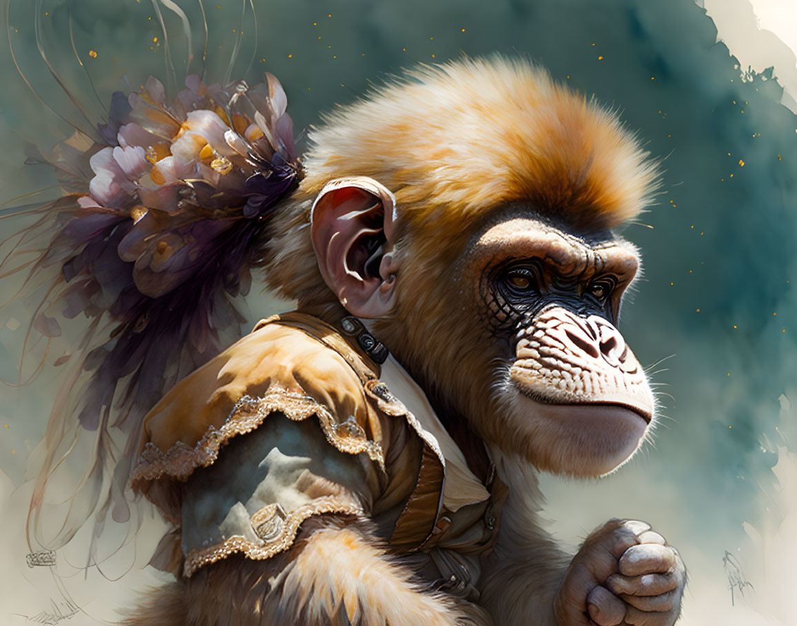 Detailed illustration of pensive humanoid monkey with golden mane, vintage jacket, and purple floral accessory