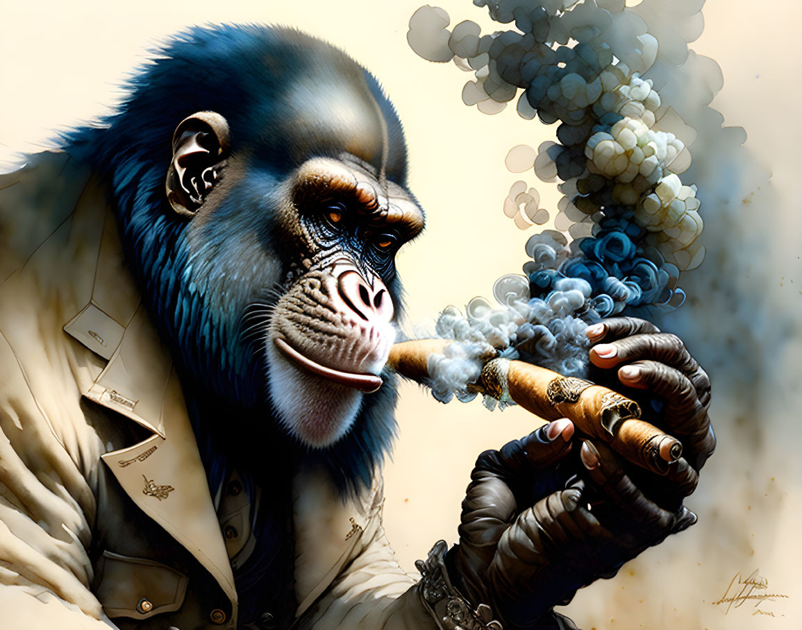 Detailed baboon illustration in beige shirt smoking cigar with swirling smoke.