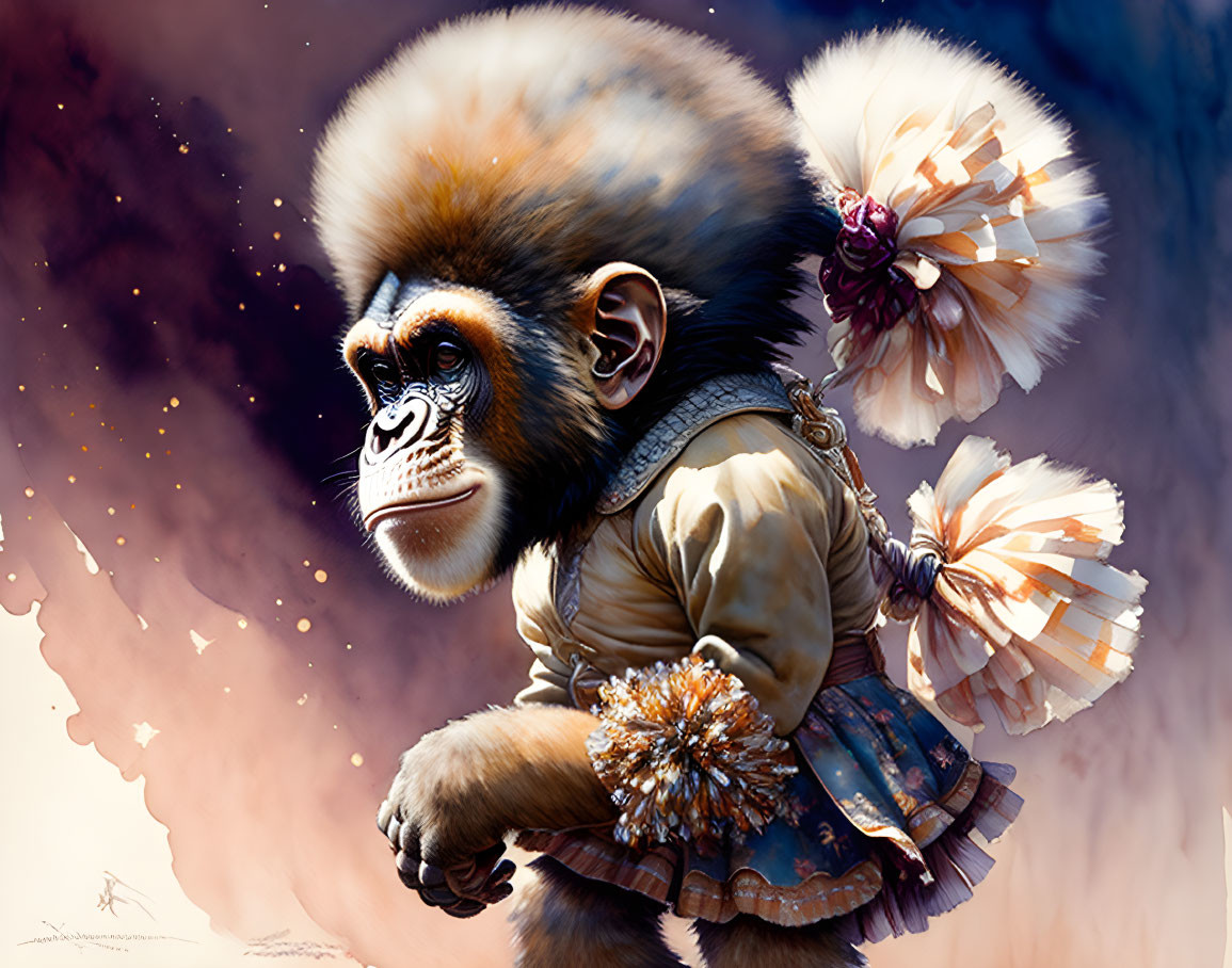 Whimsical monkey illustration in vintage attire on vibrant background