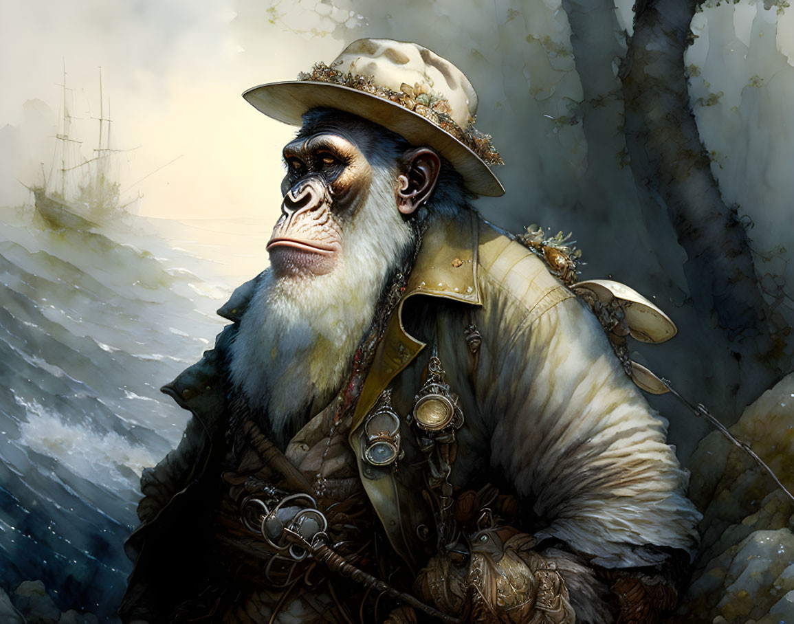 Vintage explorer attire monkey illustration with ship backdrop