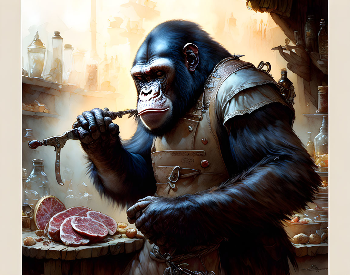 Anthropomorphic gorilla with knife and fruit in rustic kitchen.