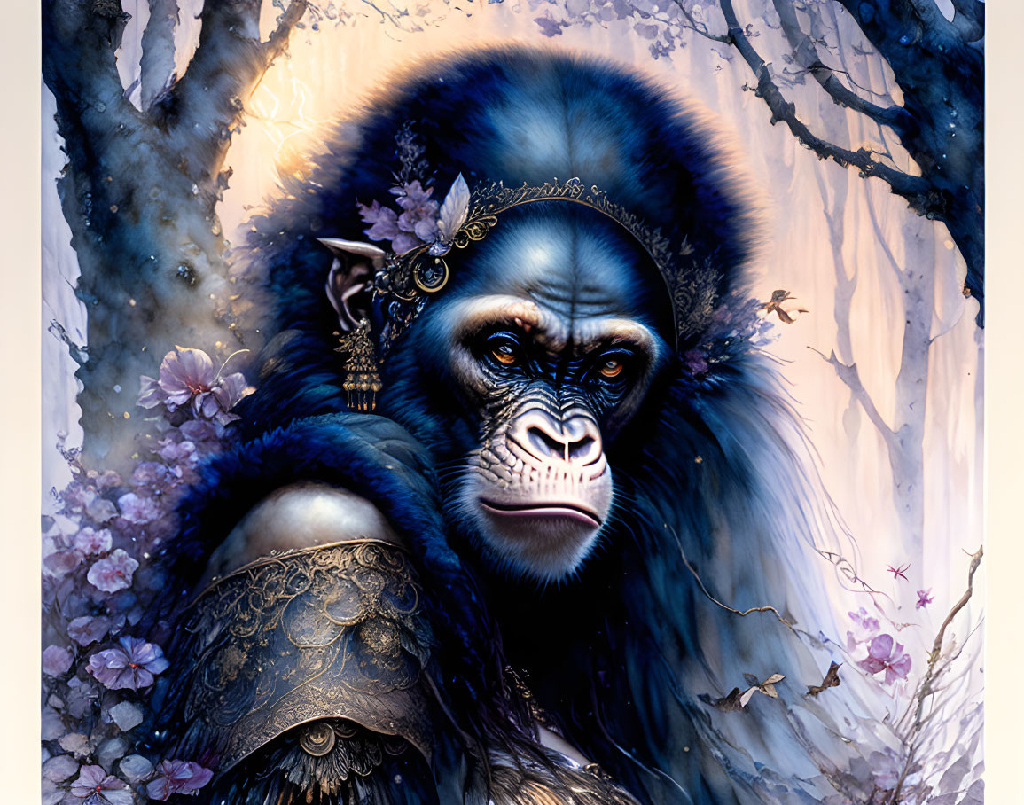 Regal gorilla with jewelry in mystical forest setting