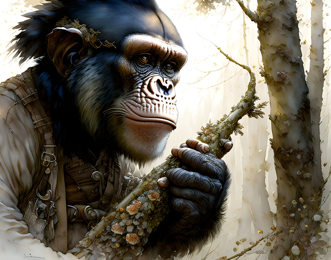 Contemplative chimpanzee in steampunk vest with branch in ethereal woodland