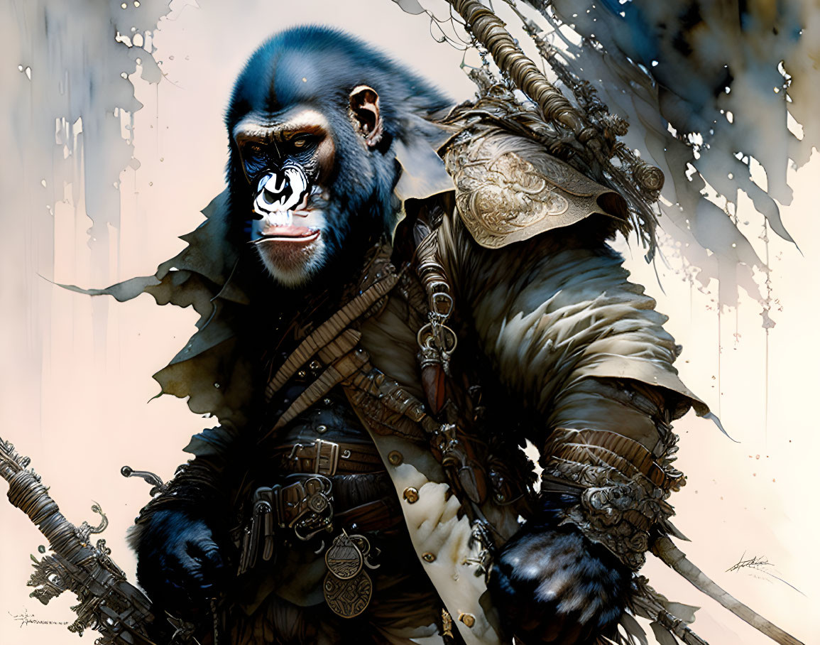 Illustrated gorilla warrior in battle armor with spear