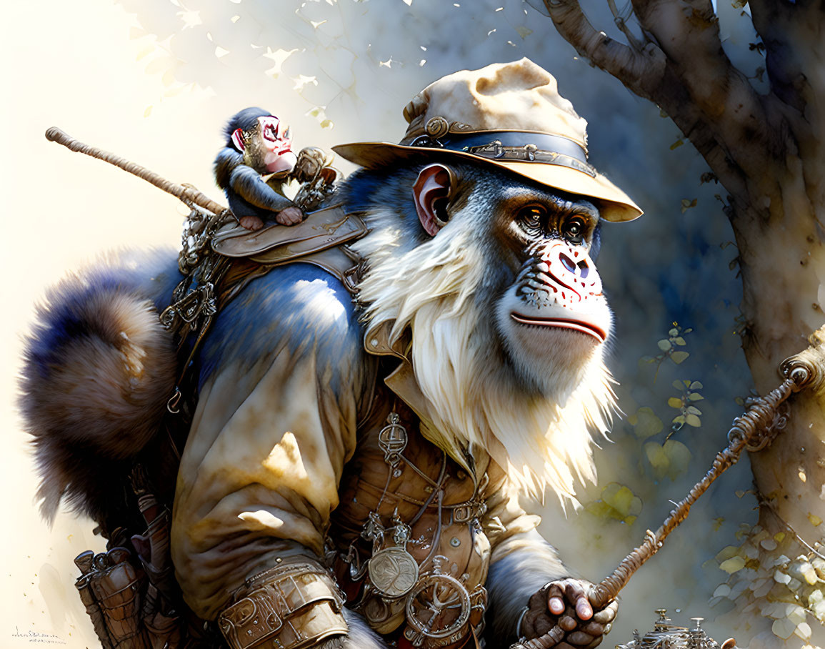 Anthropomorphic monkey with small companion in nature holding staff