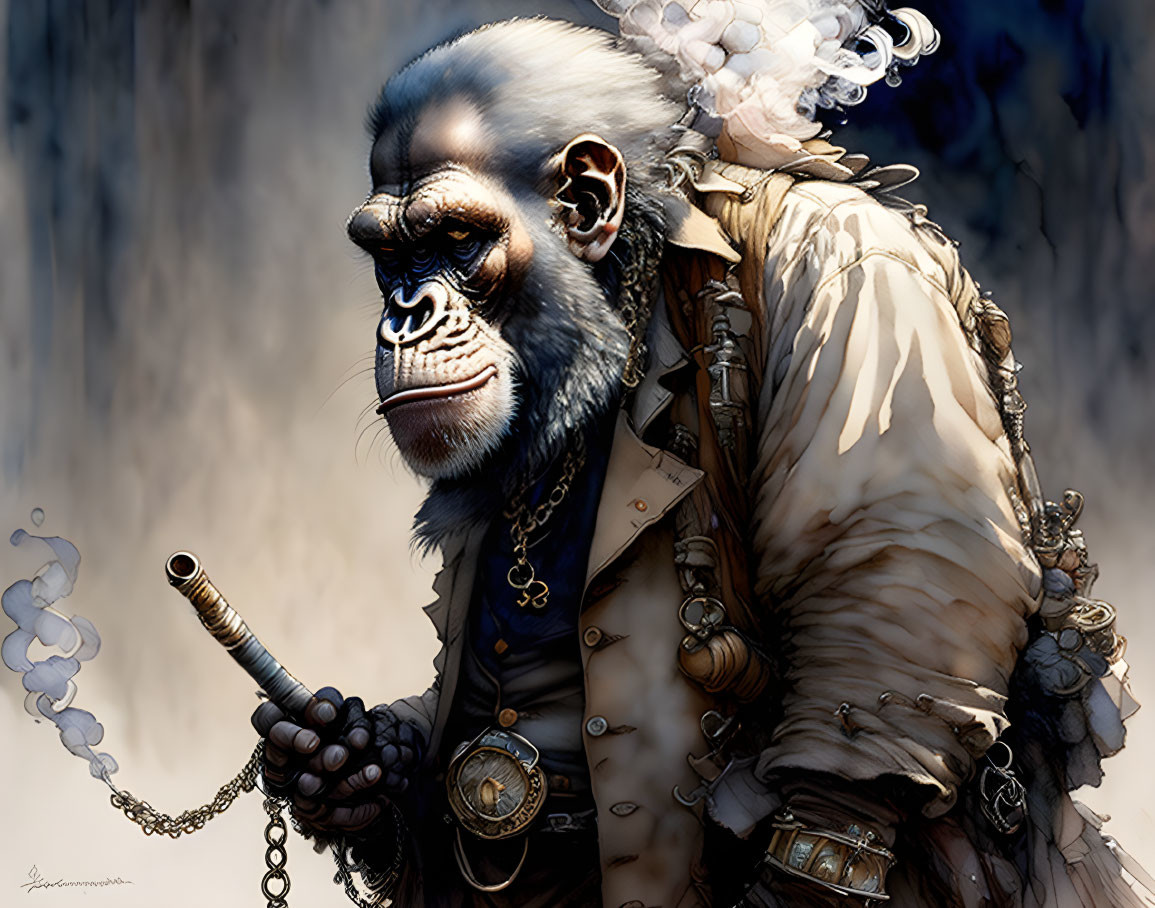 Gorilla in period clothing with pipe and pocket watch