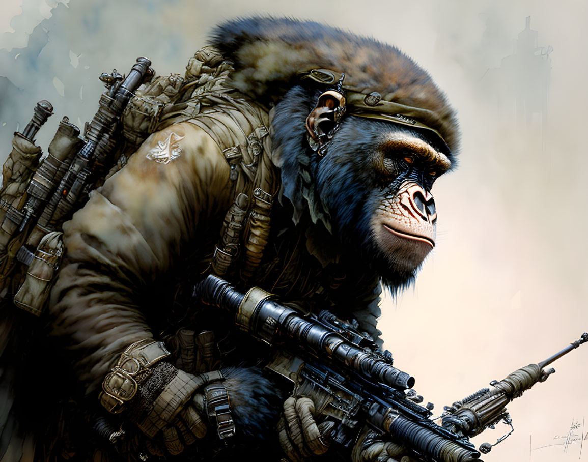 Detailed anthropomorphic gorilla in military gear with weapons and focused expression