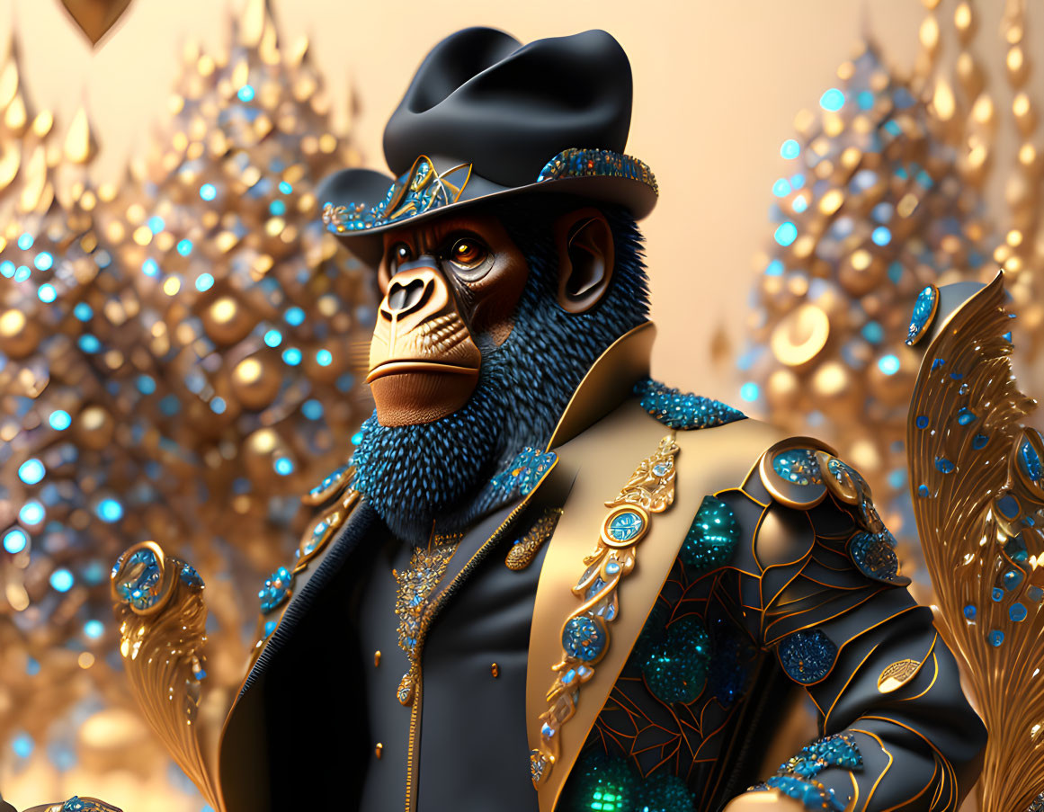 Stylized digital artwork of mandrill in blue and gold outfit against ornate background