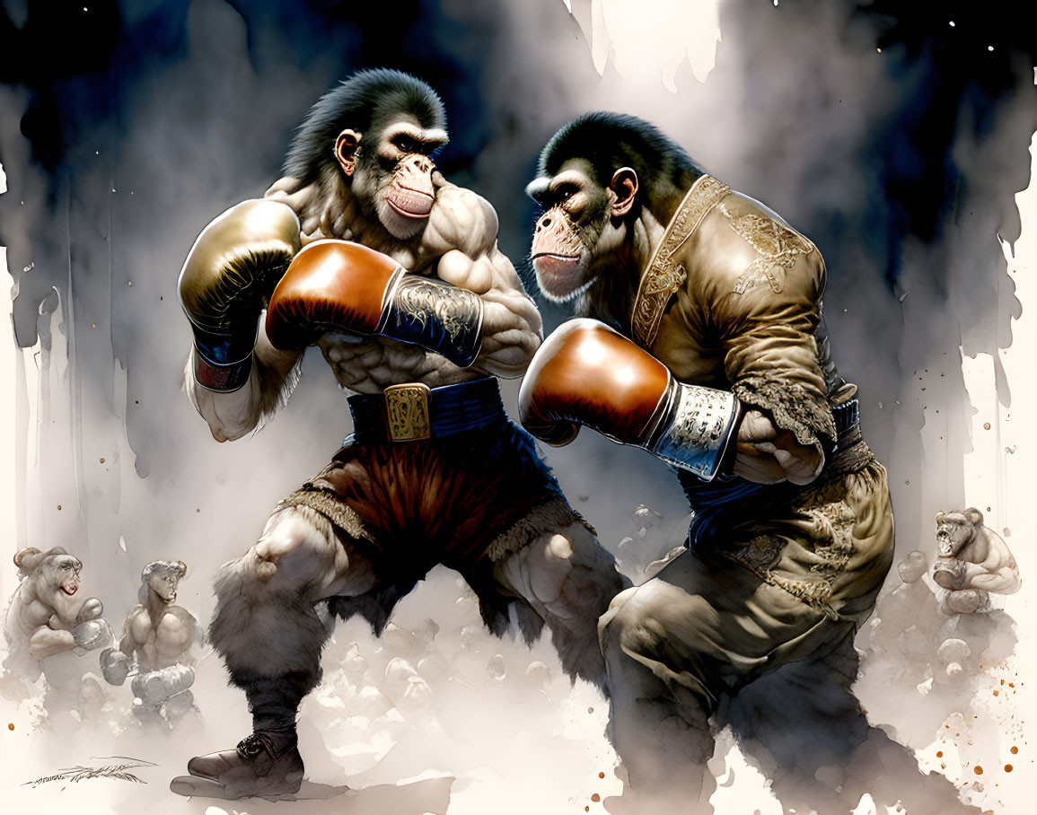 Muscular animated apes in boxing gear sparring with dramatic setting.